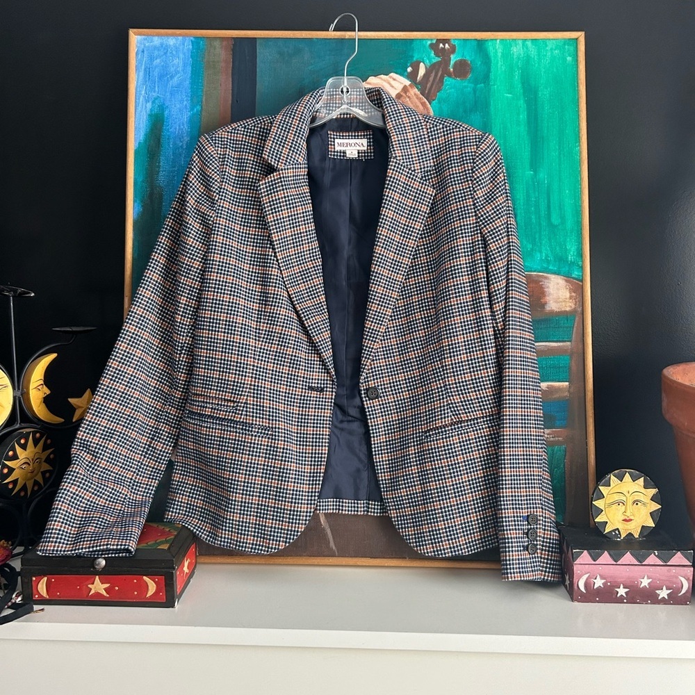 Merona Blue and Brown Checkered Blazer Size 8